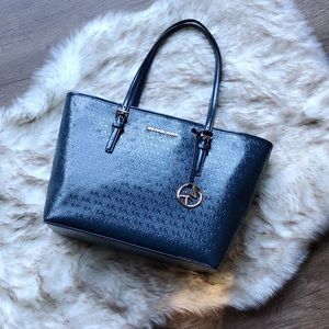 Michael Kors navy embossed patent Jet Set tote NWT